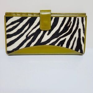 Vintage TUSK Bi-Fold Wallet Green Leather and Zebra Print Cowhide
